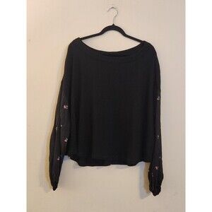 Love, Fire Women's Large Slouchy Black Waffle Knit Boho Flower Sleeve Blouse Top